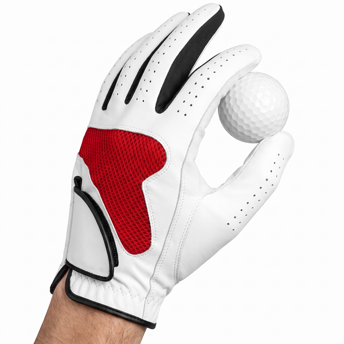 Hand wearing the Murbie Fairway G1 golf glove holding a golf ball