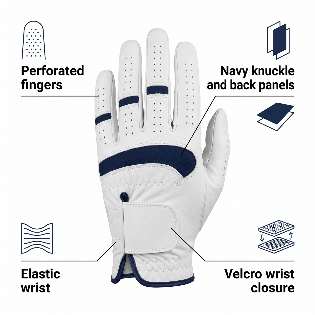 Murbie Fairway G2 golf glove features: perforated fingers, navy knuckle and back panels, elastic wrist, Velcro wrist closure