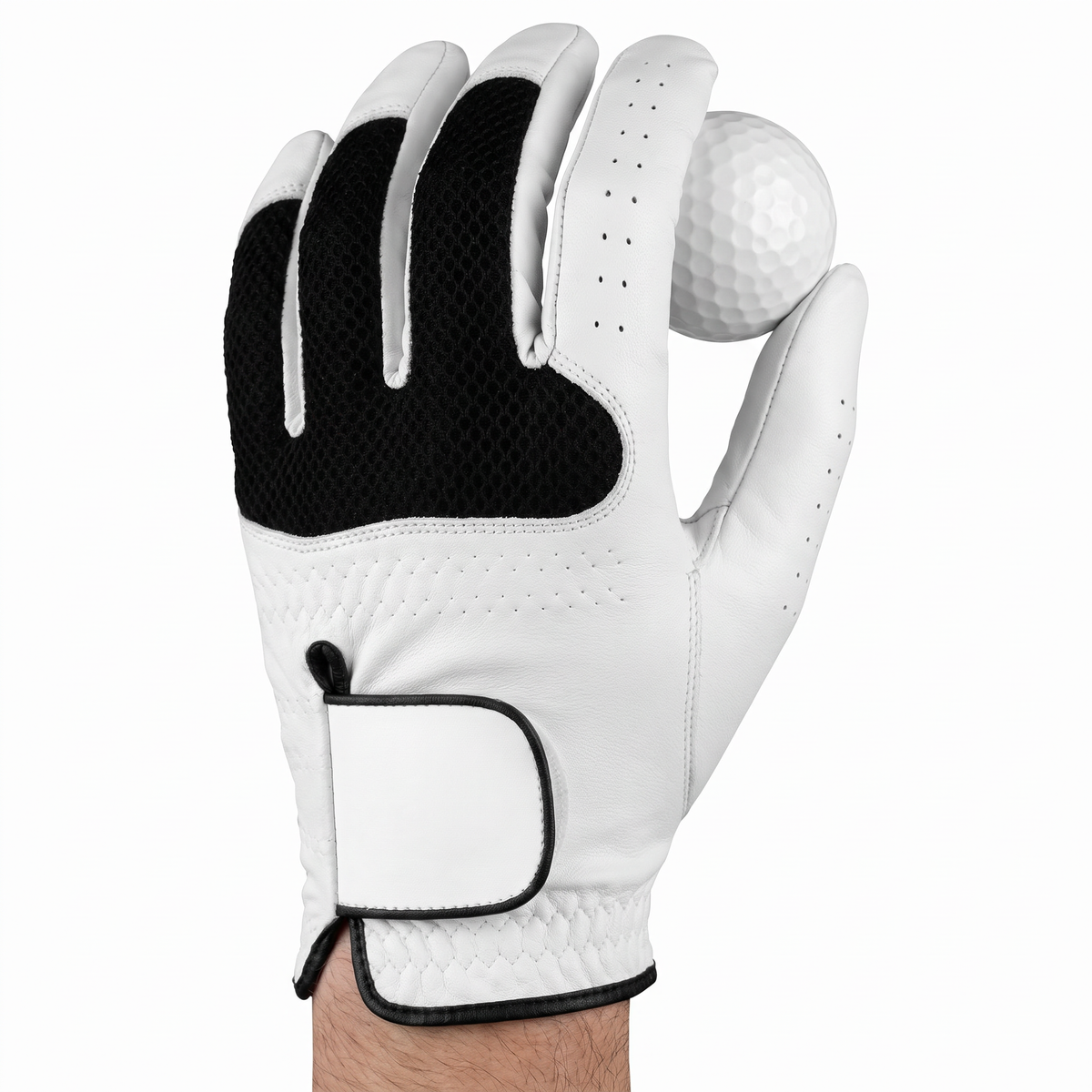 Hand wearing the Murbie Fairway G3 golf glove holding a golf ball
