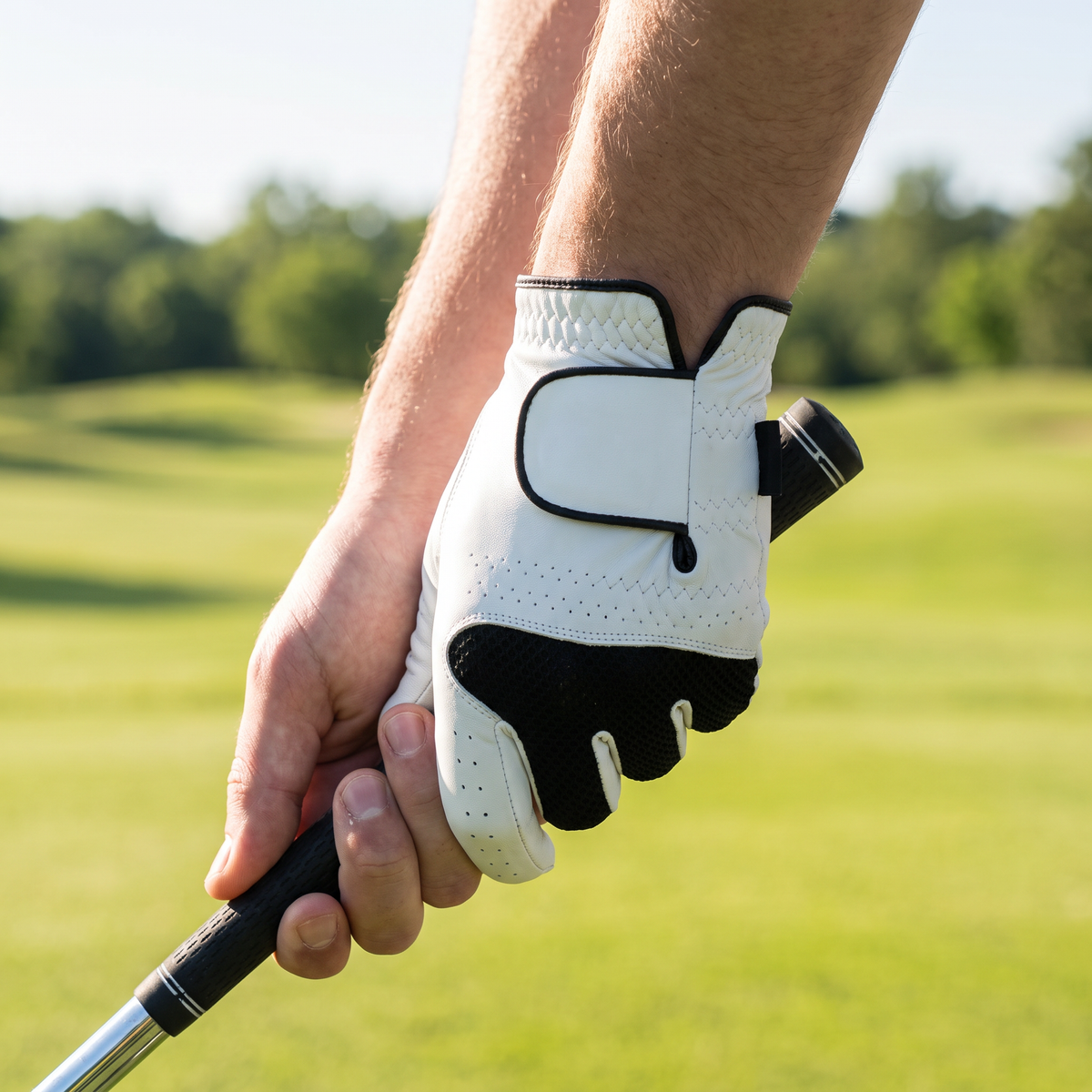 Golfer gripping a club wearing the Murbie Fairway G3 golf glove on the course