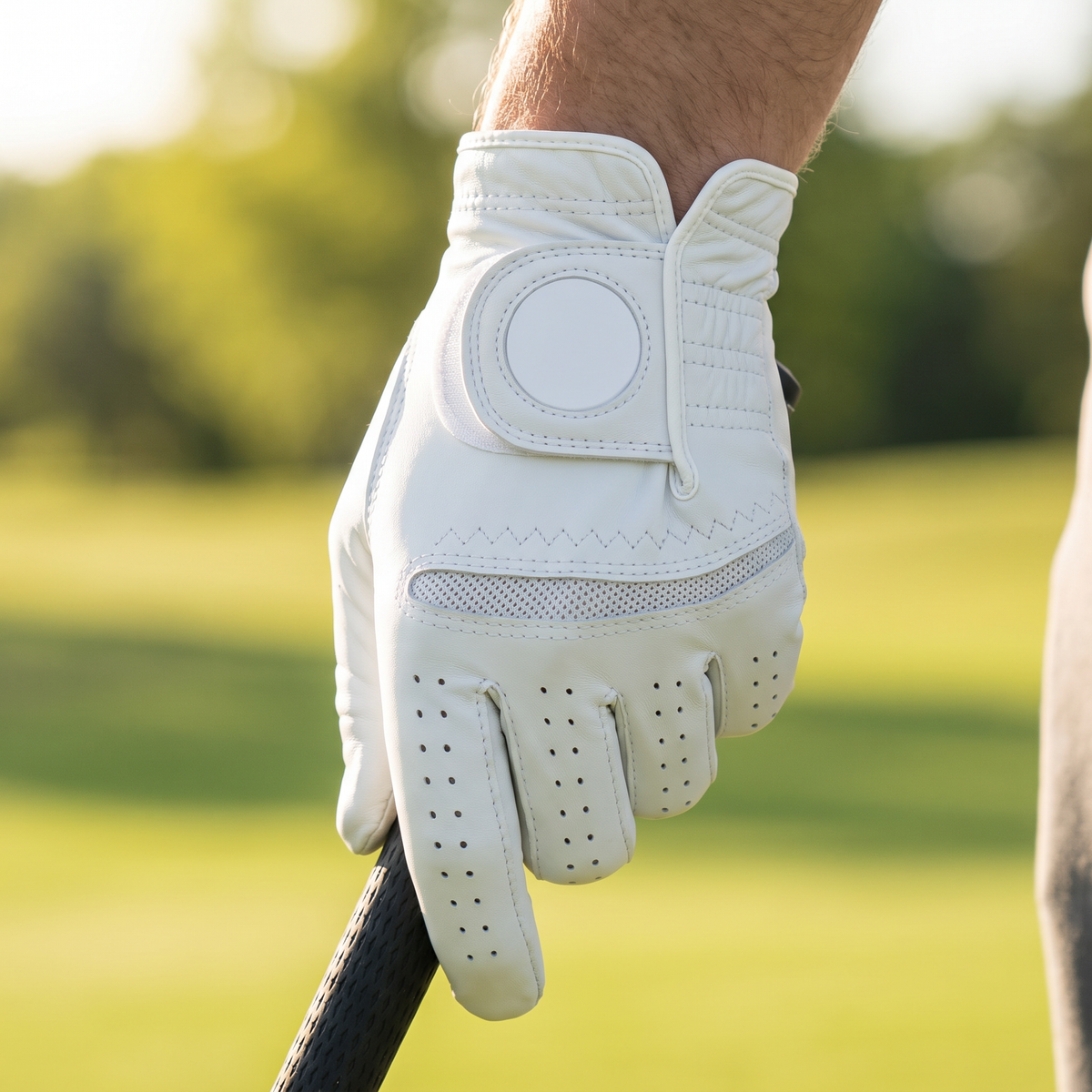 Golfer gripping a club wearing the Murbie Fairway G4 golf glove on the course