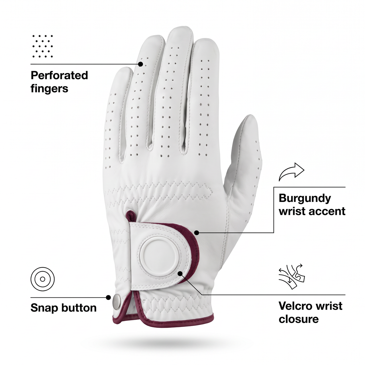 Murbie Fairway G5 golf glove features: perforated fingers, burgundy wrist accent, snap button, Velcro wrist closure