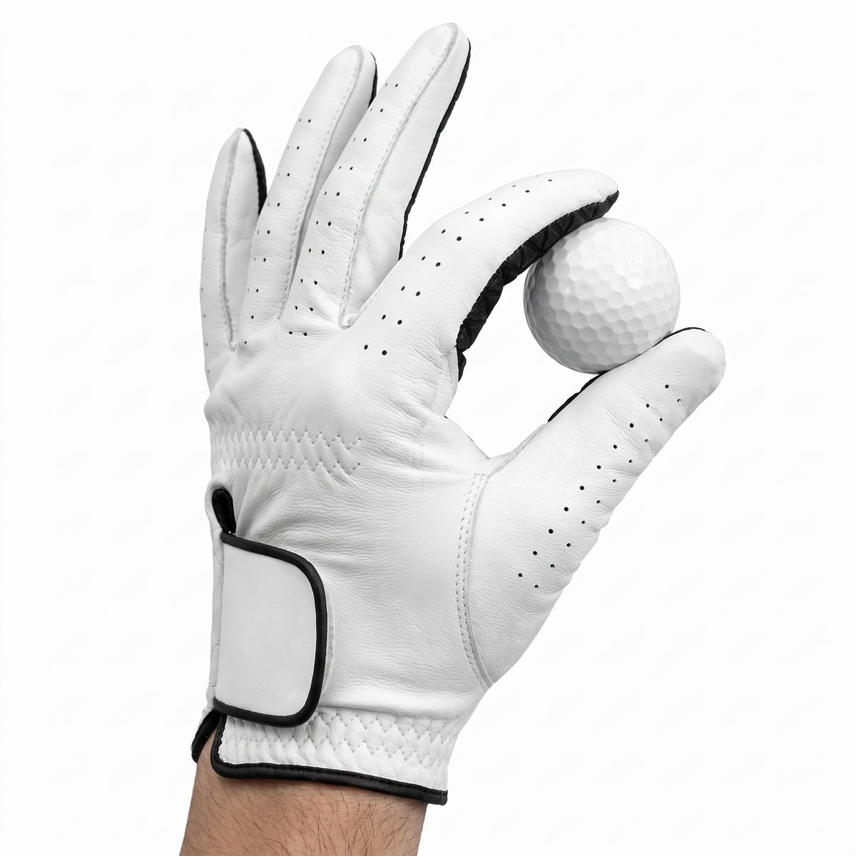 Hand wearing the Murbie Fairway G6 golf glove holding a golf ball