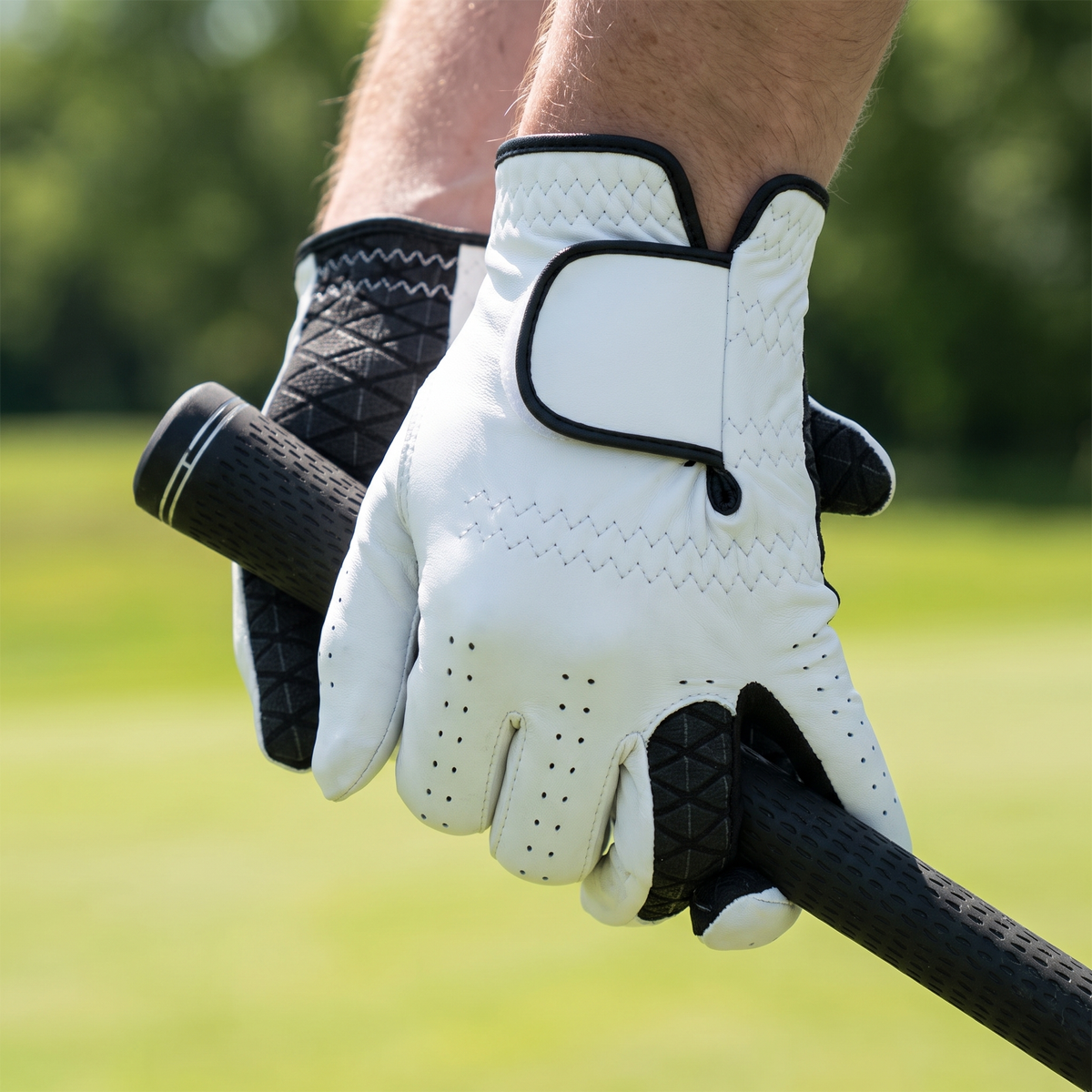 Golfer gripping a club wearing the Murbie Fairway G6 golf glove on the course
