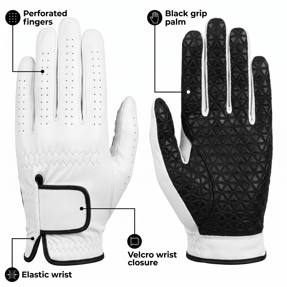 Murbie Fairway G6 golf glove features: perforated fingers, black grip palm, elastic wrist, Velcro wrist closure