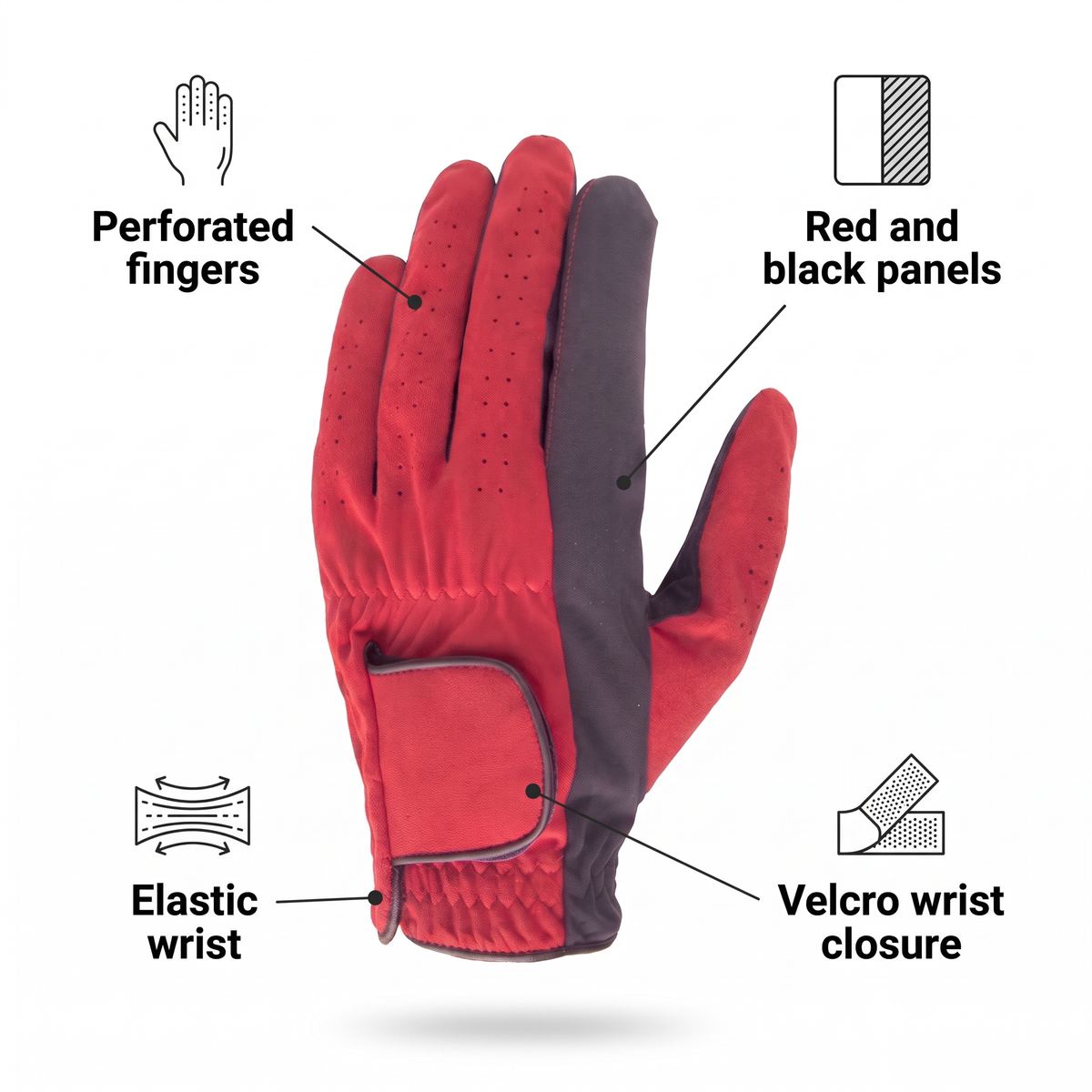 Murbie Fairway G7 golf glove features: perforated fingers, red and black panels, elastic wrist, Velcro wrist closure