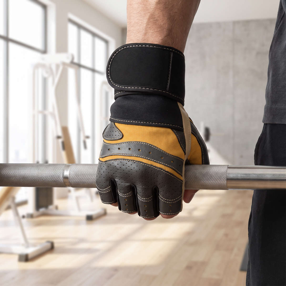 Lifter wearing the Murbie Iron I4 weightlifting gloves in the gym