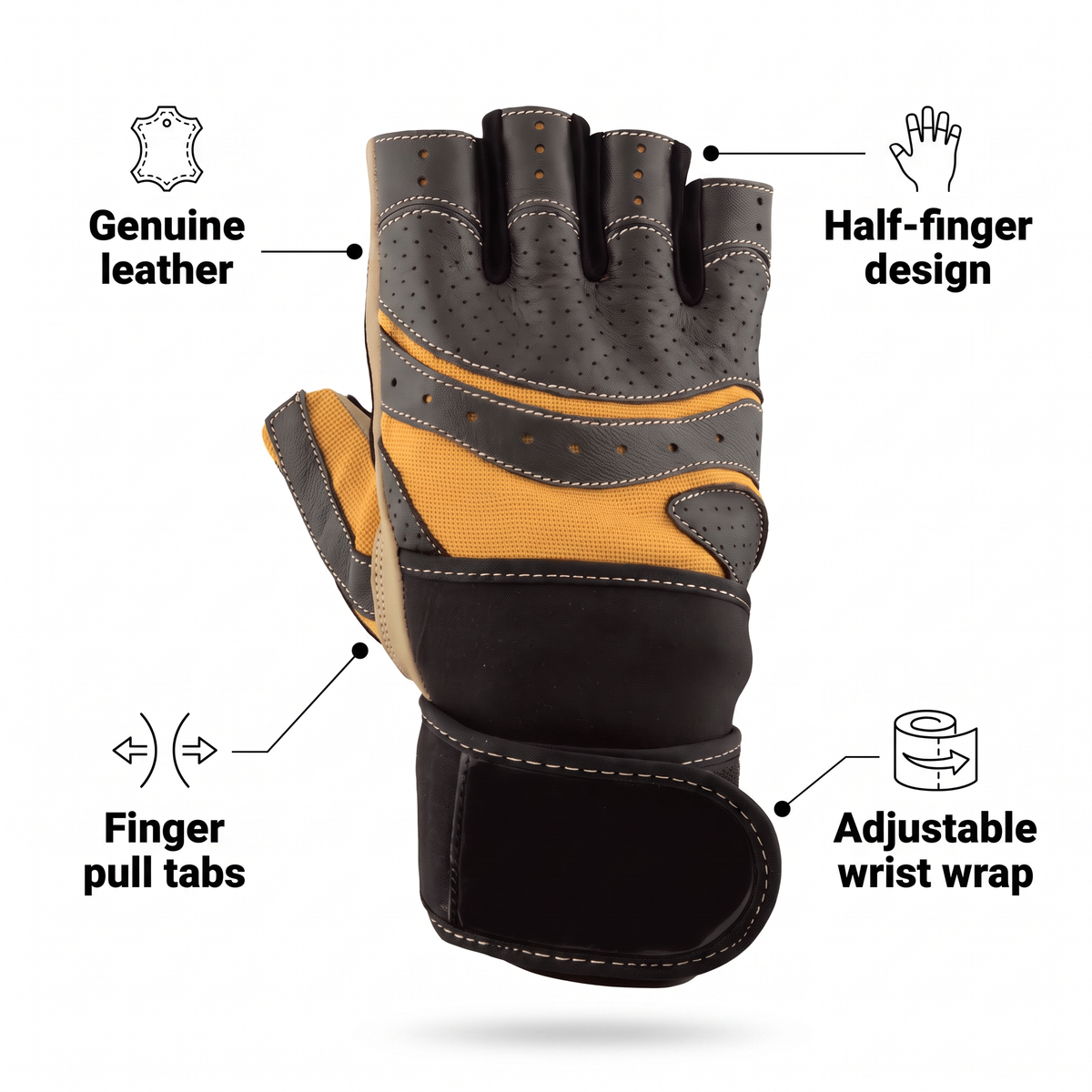 Murbie Iron I4 weightlifting glove features: genuine leather, half-finger design, finger pull tabs, adjustable wrist wrap