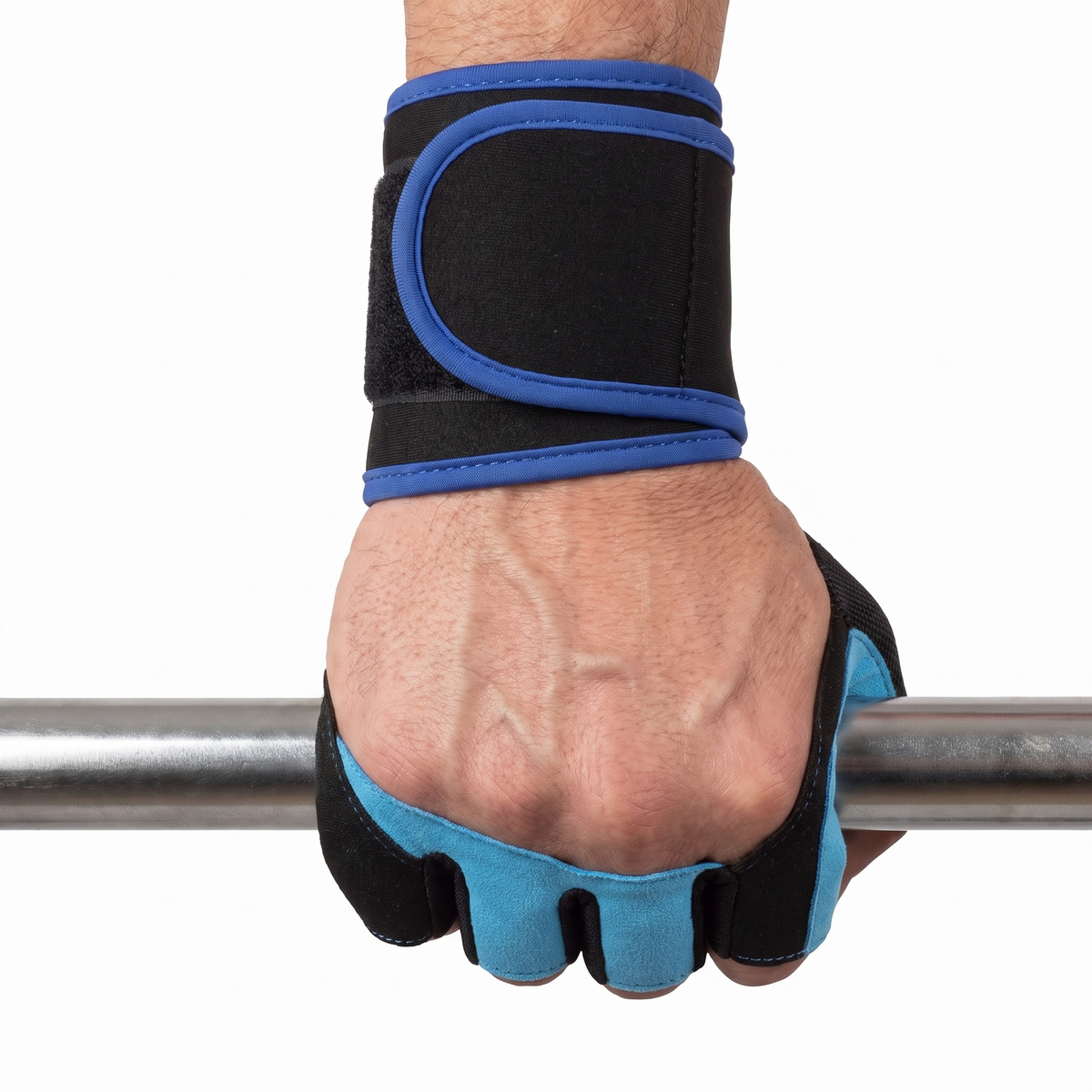 Hand wearing the Murbie Iron I8 weightlifting glove gripping a barbell