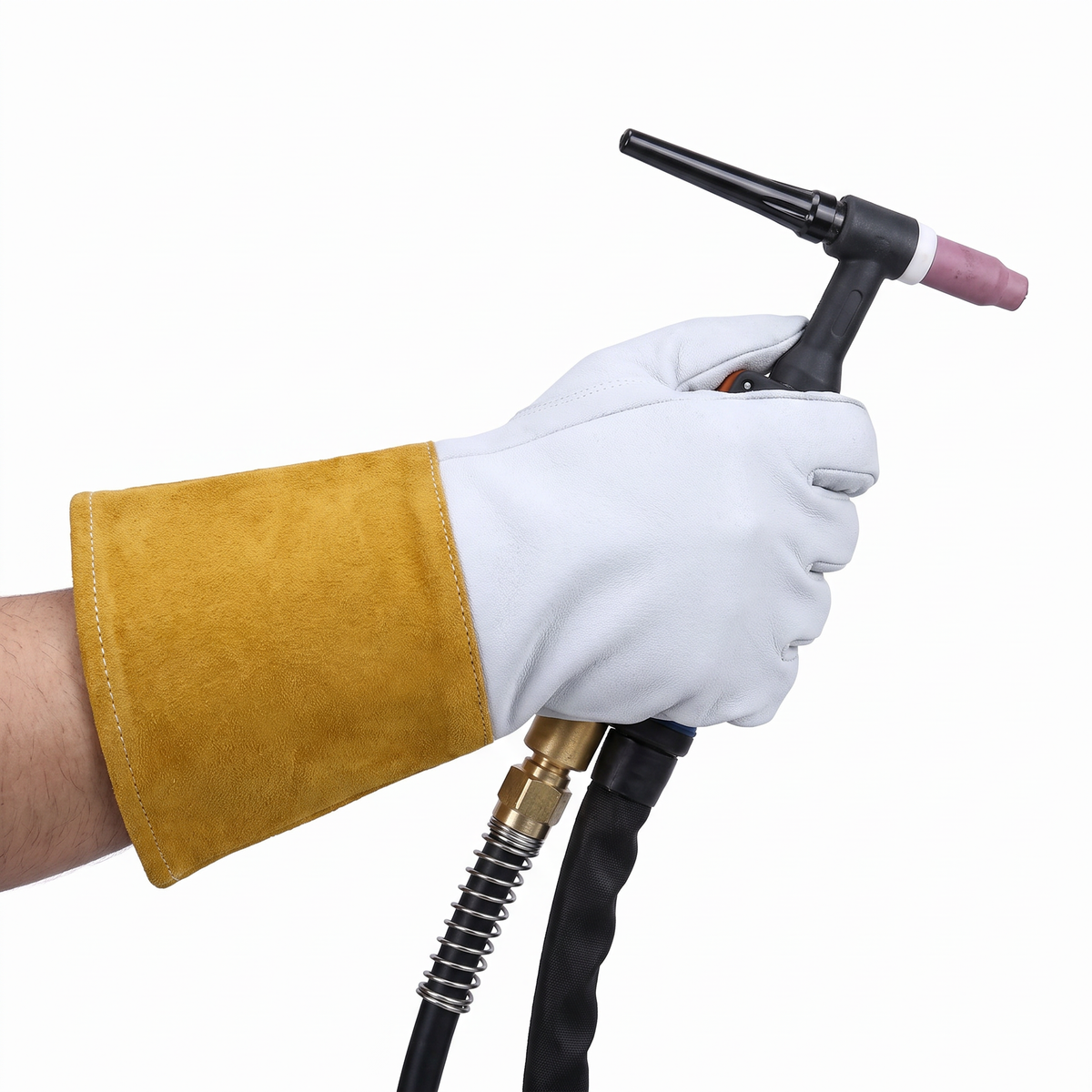 Hand wearing the Murbie Forge T1 TIG welding gloves holding a TIG torch