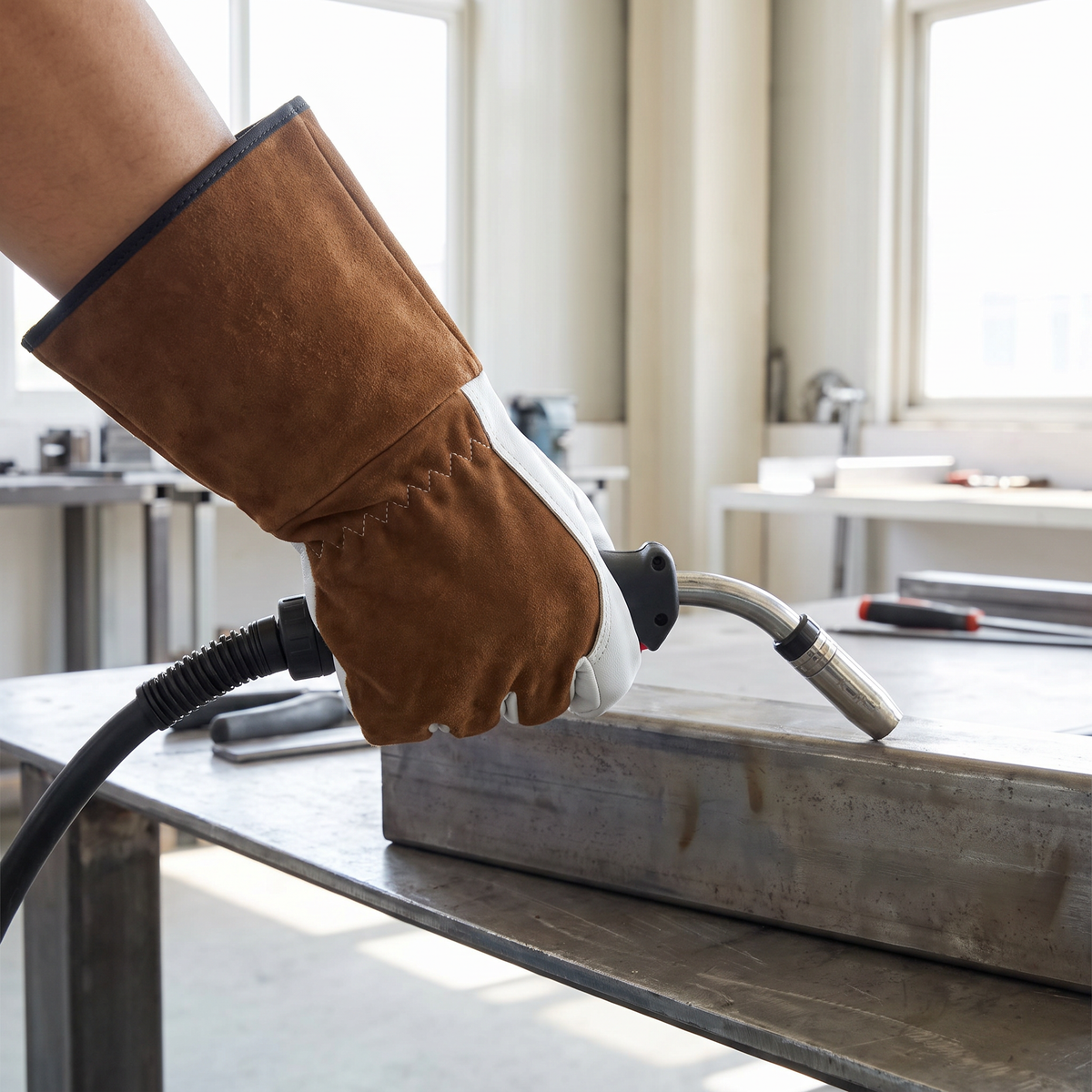Murbie Forge T3 TIG welding gloves in use in a bright workshop