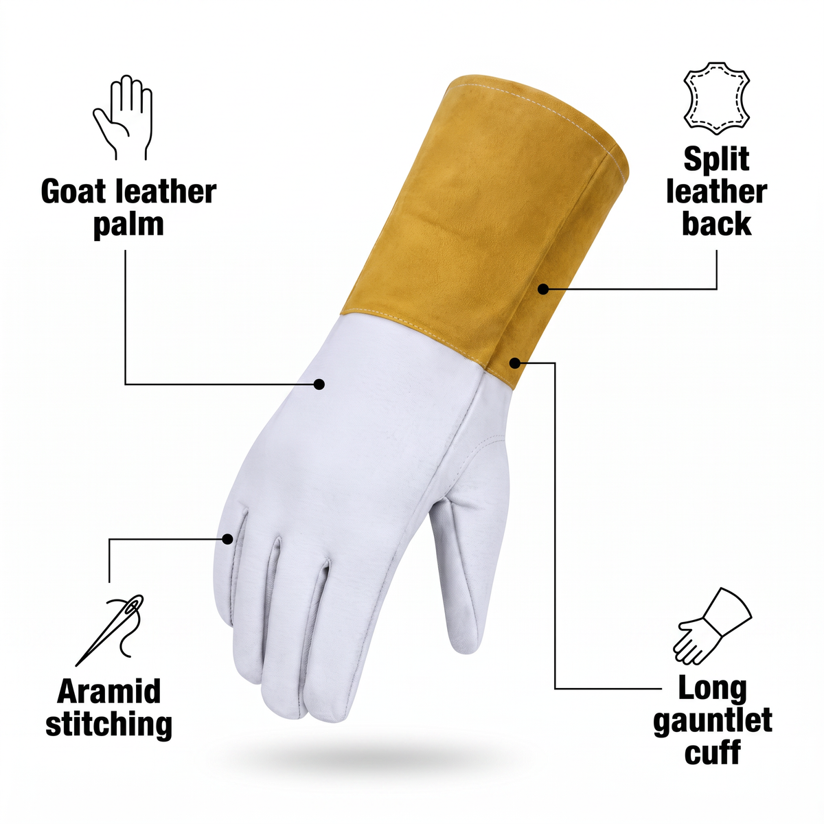 Murbie Forge T1 TIG welding gloves features: goat leather palm, split leather back, aramid stitching, long gauntlet cuff