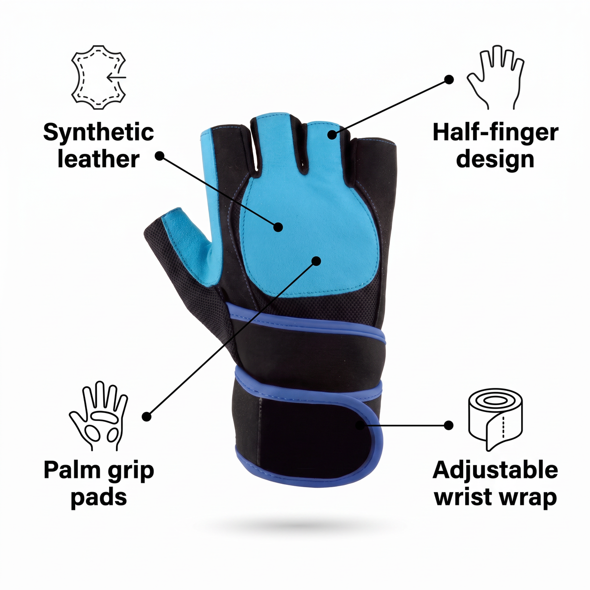 Murbie Iron I8 weightlifting glove features: synthetic leather, half-finger design, palm grip pads, adjustable wrist wrap