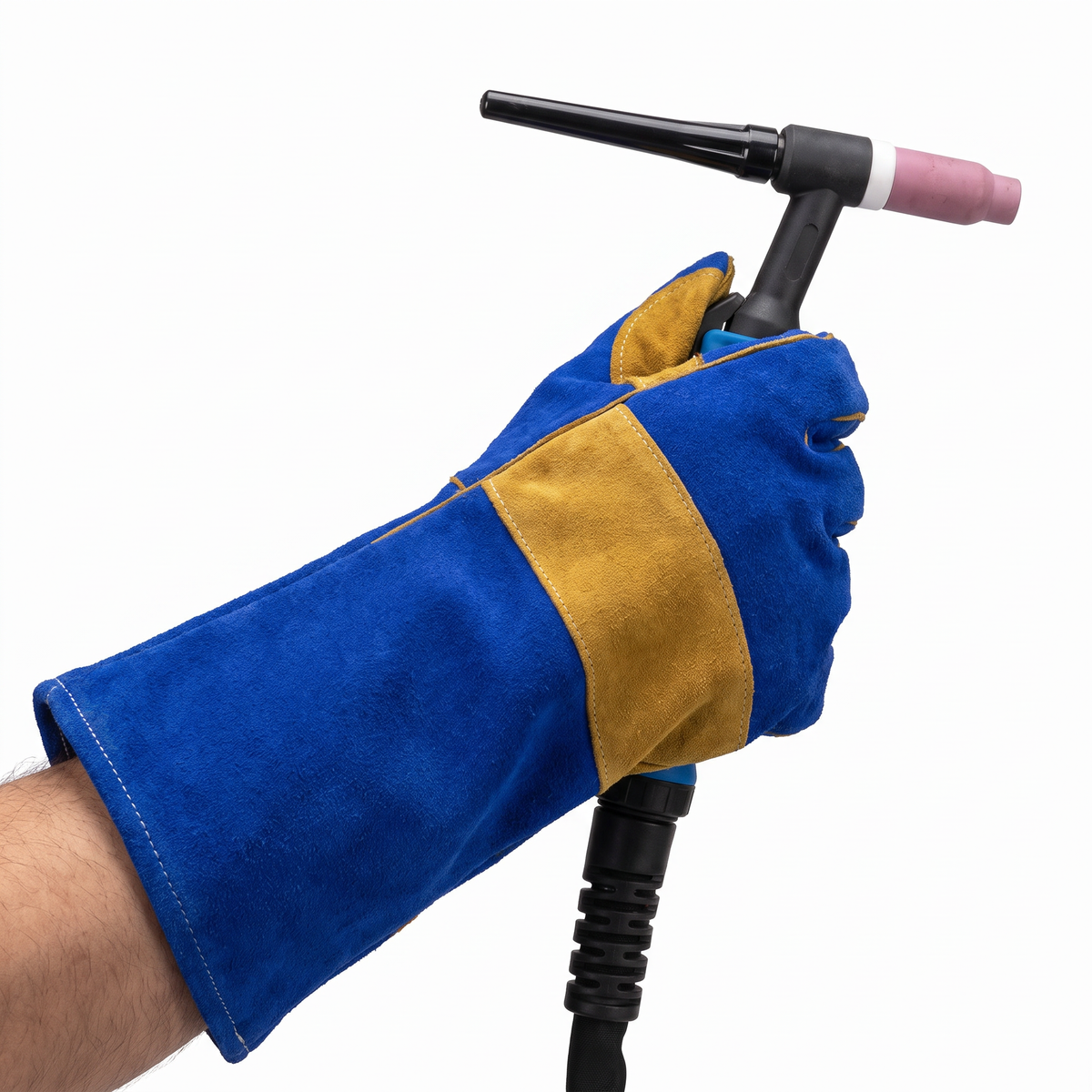 Hand wearing the Murbie Forge S1 stick welding gloves holding a welding torch