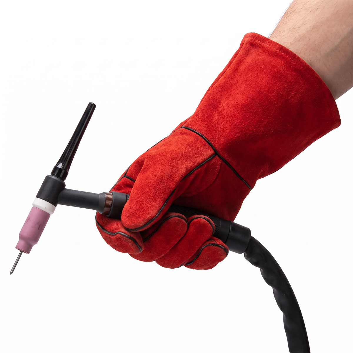 Hand wearing the Murbie Forge S2 stick welding gloves holding a welding torch