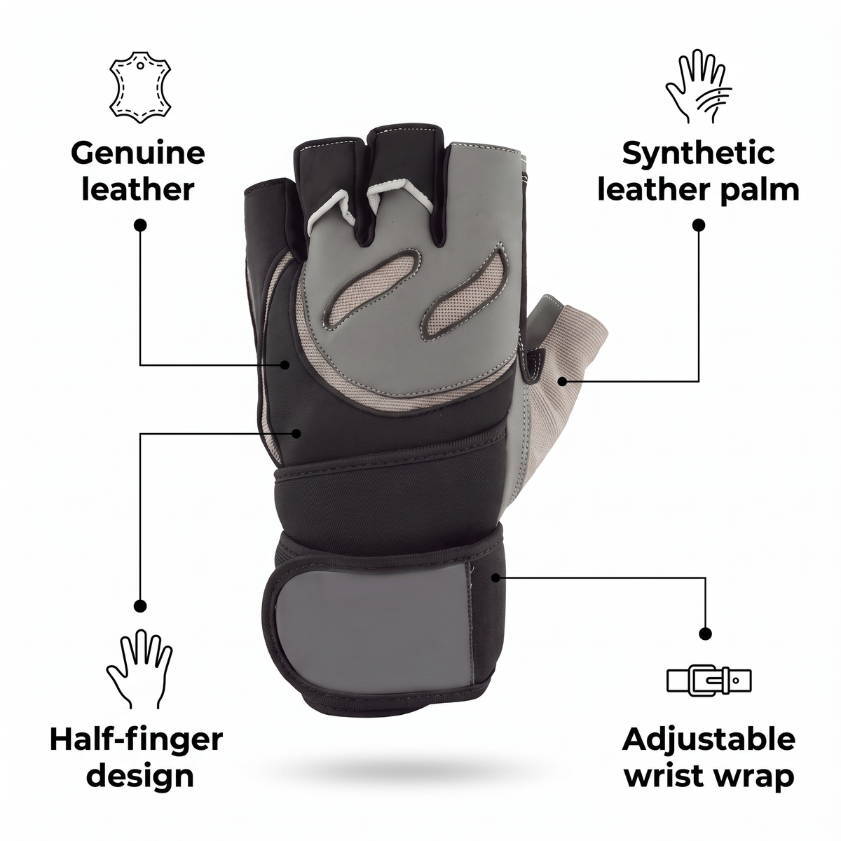 Murbie Iron I5 weightlifting glove features: genuine leather, synthetic leather palm, half-finger design, adjustable wrist wrap