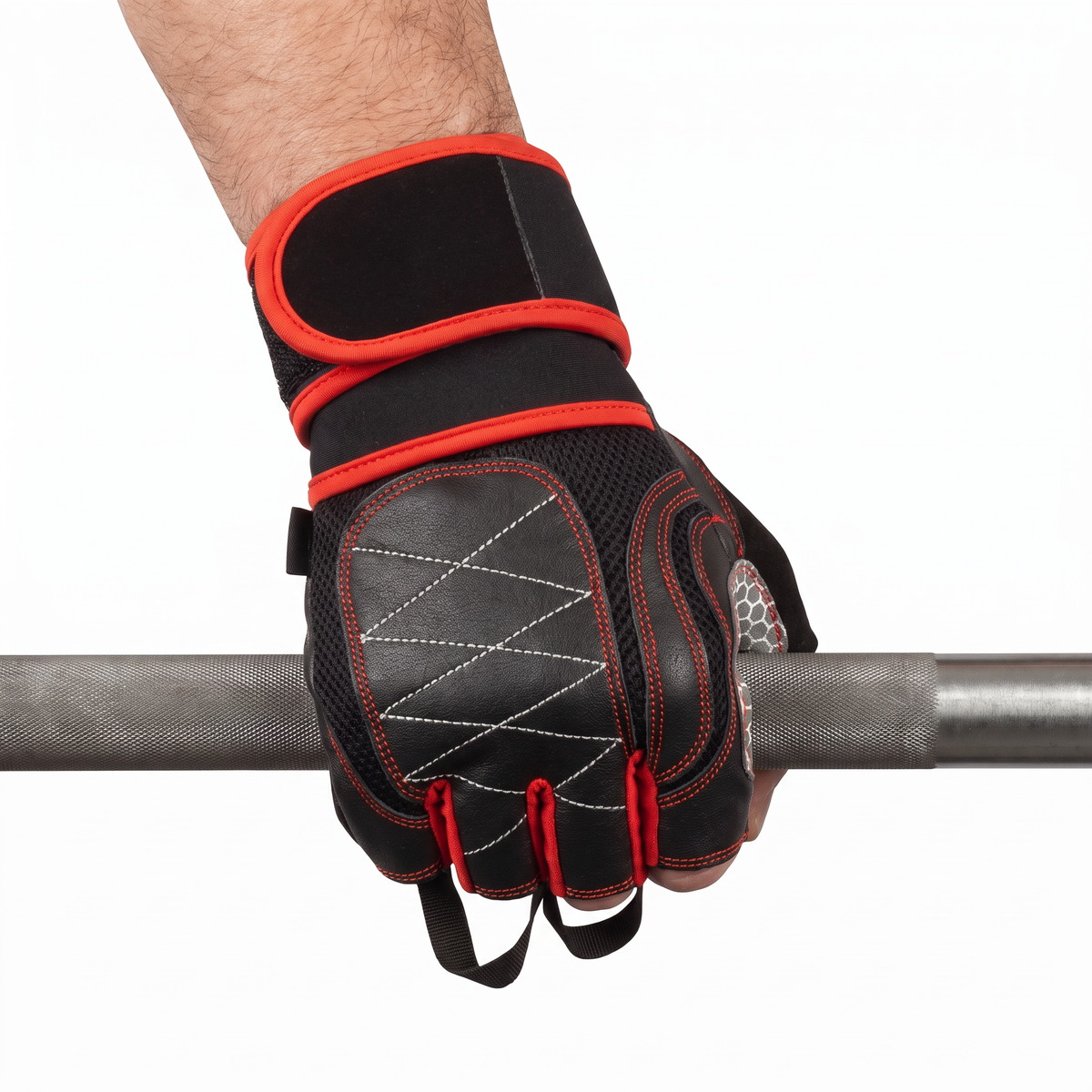 Hand wearing the Murbie Iron I7 weightlifting glove gripping a barbell