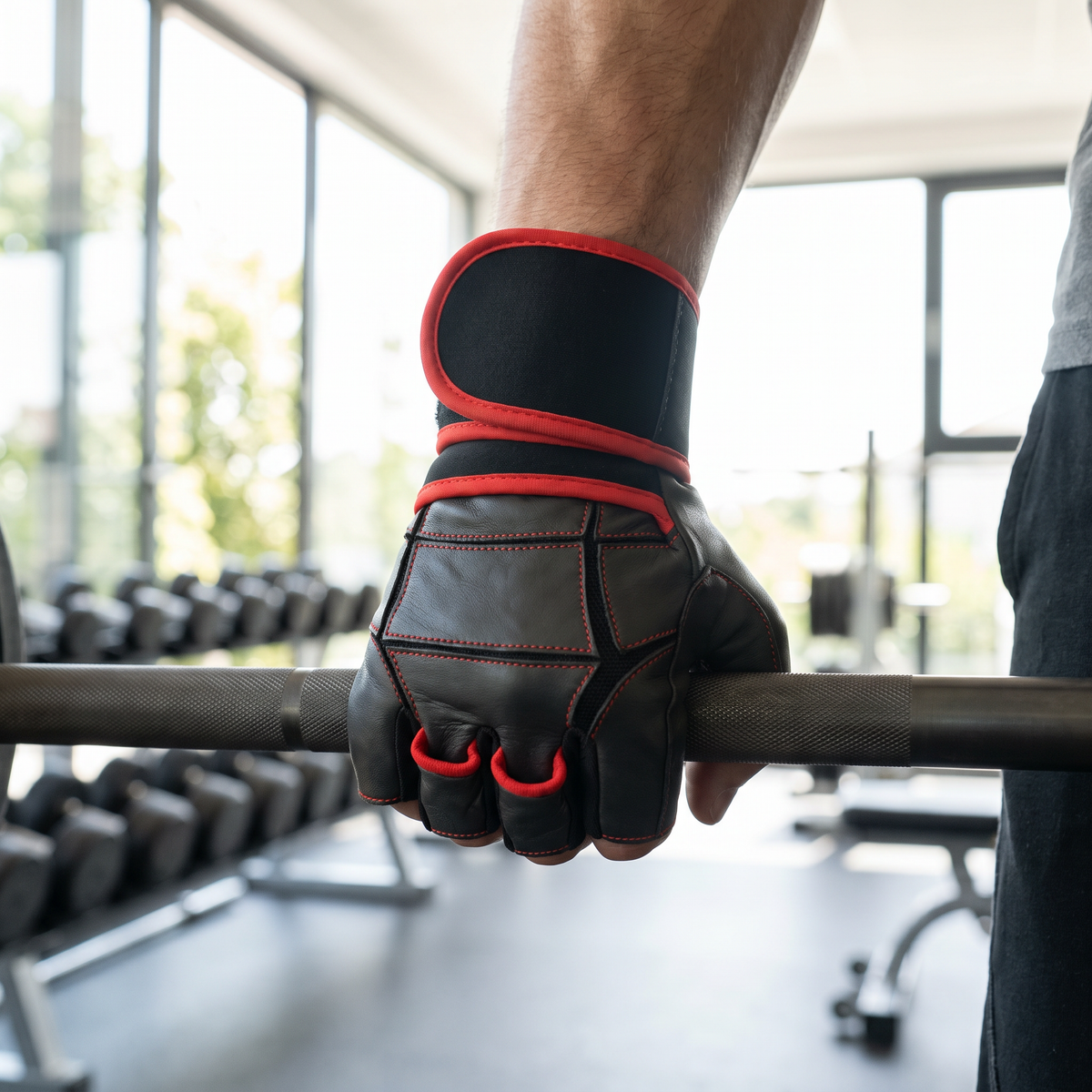 Lifter wearing the Murbie Iron I6 weightlifting gloves in the gym