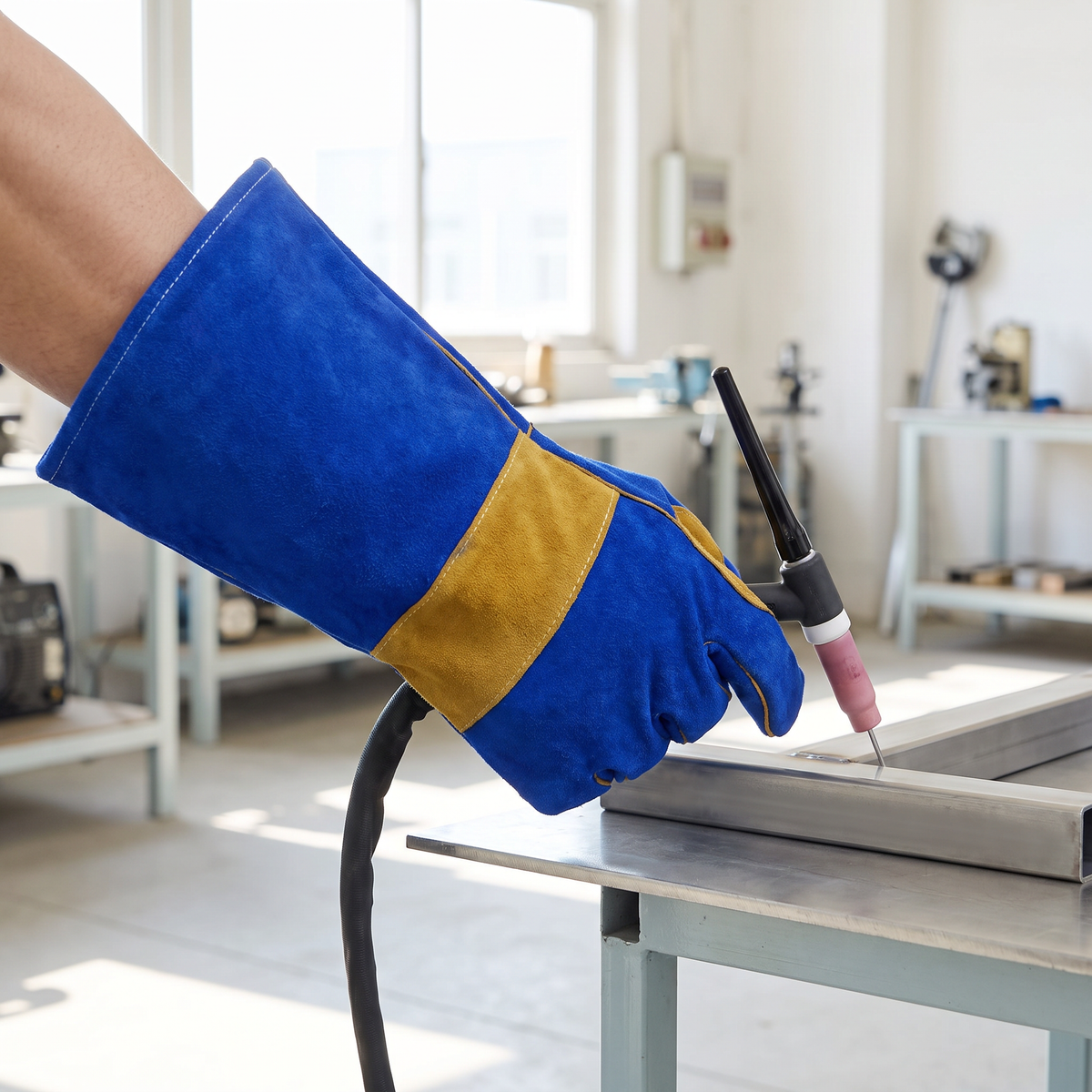 Murbie Forge S1 stick welding gloves in use in a bright workshop