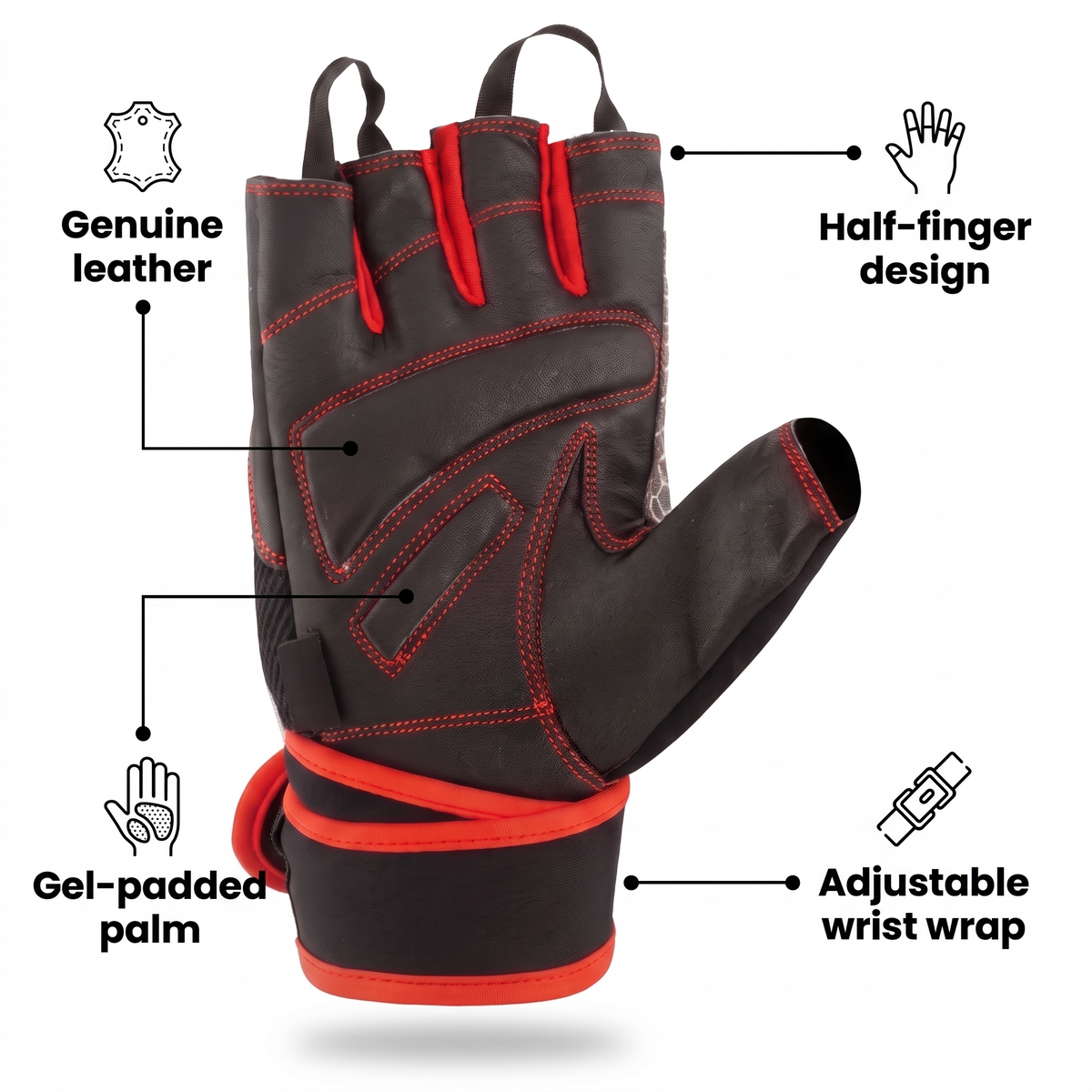 Murbie Iron I7 weightlifting glove features: genuine leather, half-finger design, gel-padded palm, adjustable wrist wrap