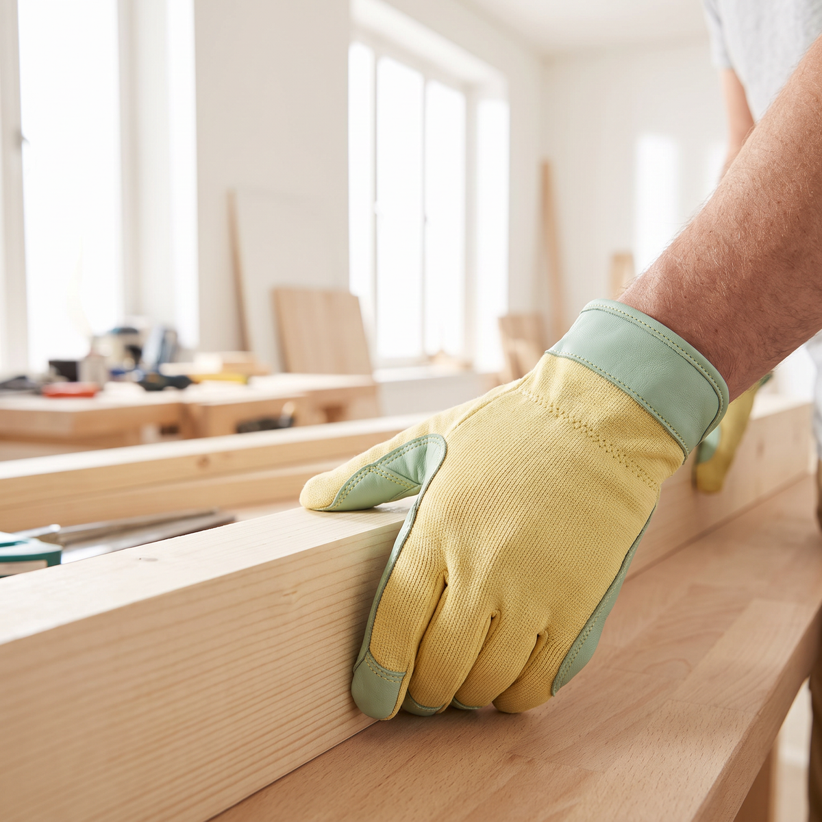 Murbie Edge C2 cut-resistant gloves in use in a bright workshop