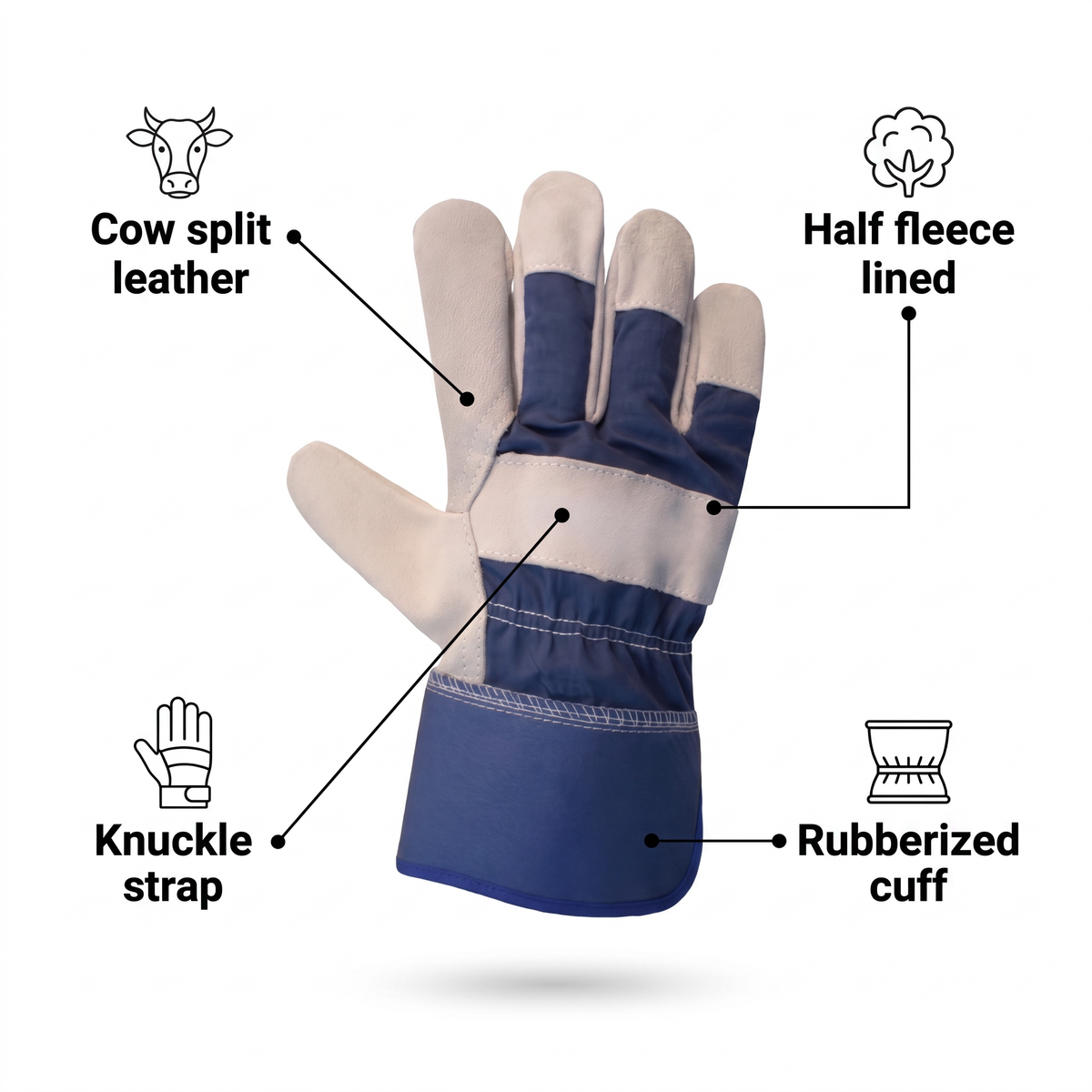 Murbie Haul L3 leather palm gloves features: cow split leather, half fleece lined, knuckle strap, rubberized cuff