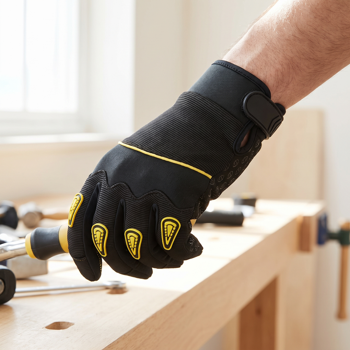 Murbie Torque M2 grip mechanic gloves in use in a bright workshop