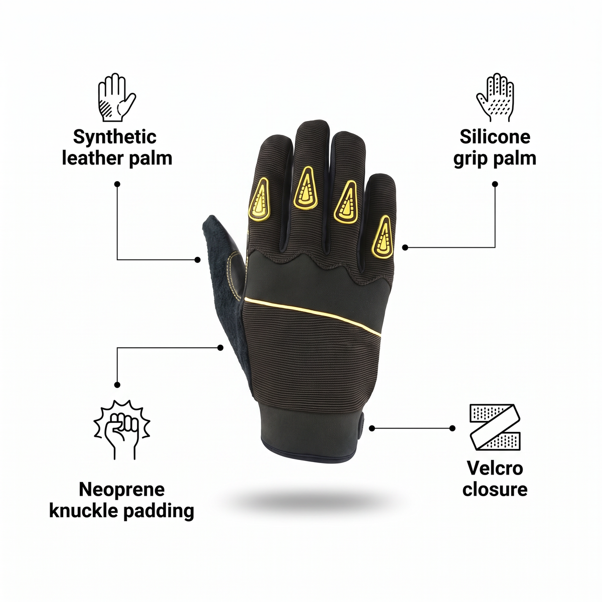 Murbie Torque M2 grip mechanic gloves features: synthetic leather palm, silicone grip palm, neoprene knuckle padding, Velcro closure