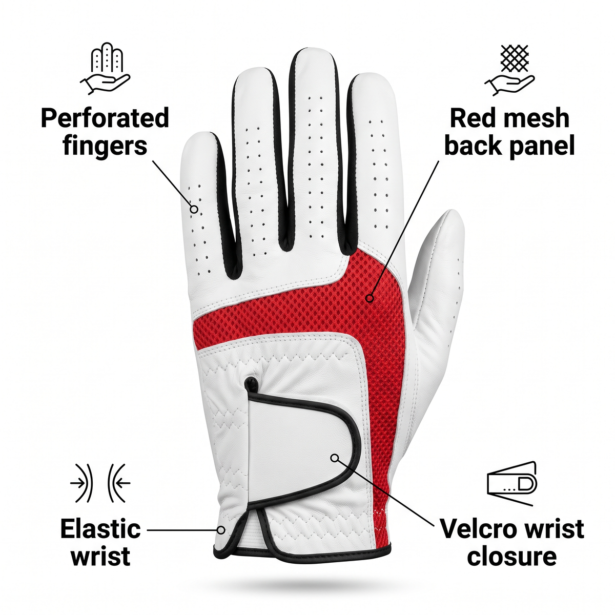 Murbie Fairway G1 golf glove features: perforated fingers, red mesh back panel, elastic wrist, Velcro wrist closure