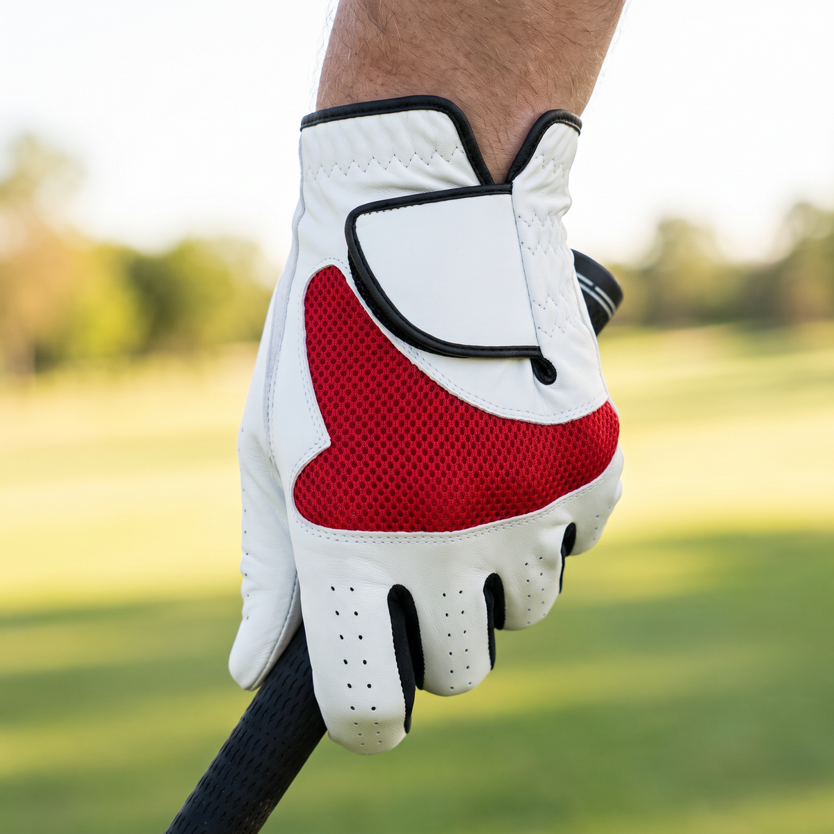 Golfer gripping a club wearing the Murbie Fairway G1 golf glove on the course