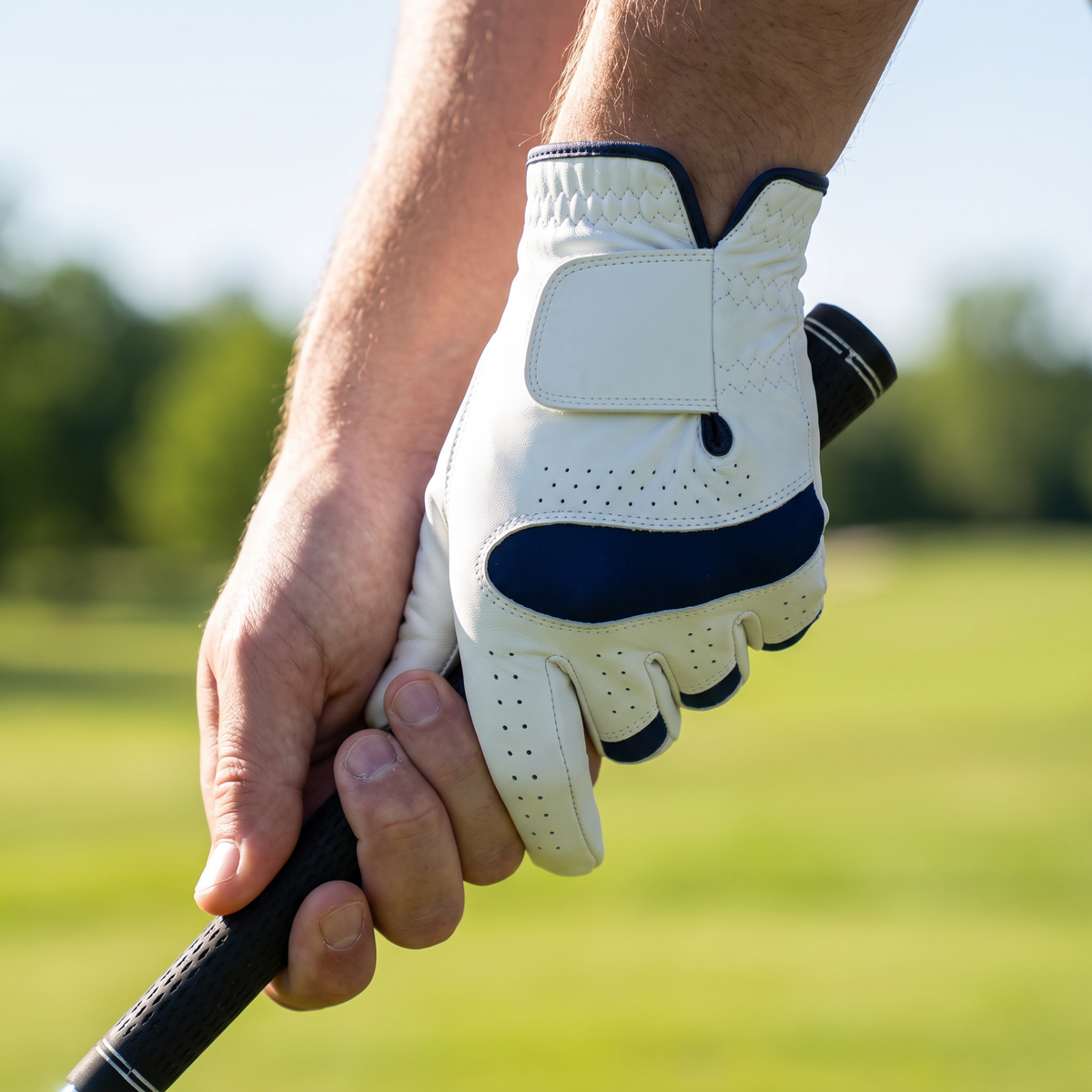 Golfer gripping a club wearing the Murbie Fairway G2 golf glove on the course