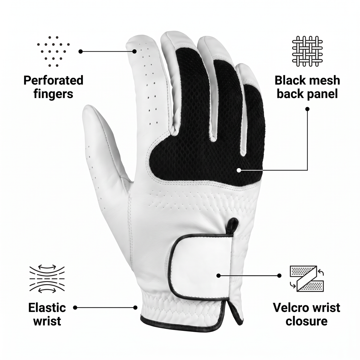 Murbie Fairway G3 golf glove features: perforated fingers, black mesh back panel, elastic wrist, Velcro wrist closure