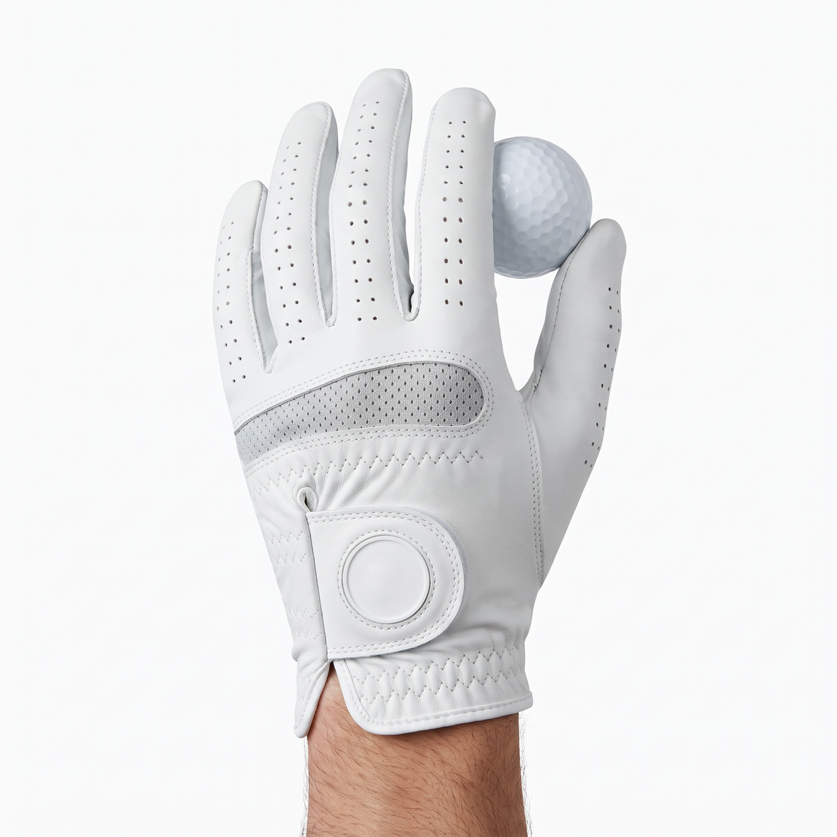 Hand wearing the Murbie Fairway G4 golf glove holding a golf ball