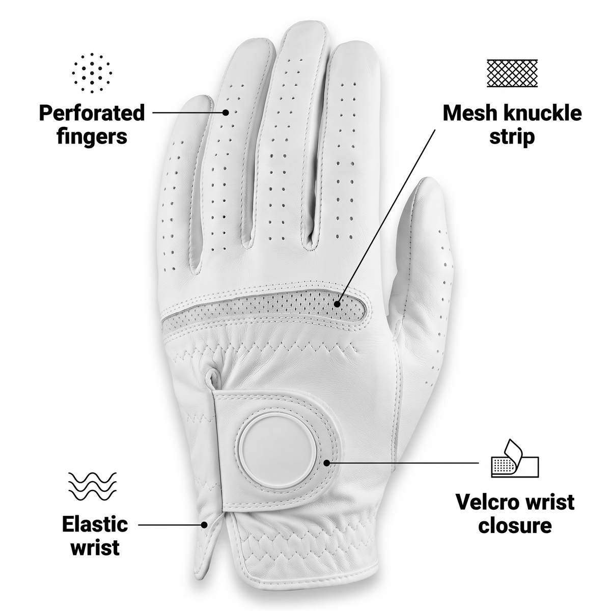 Murbie Fairway G4 golf glove features: perforated fingers, mesh knuckle strip, elastic wrist, Velcro wrist closure