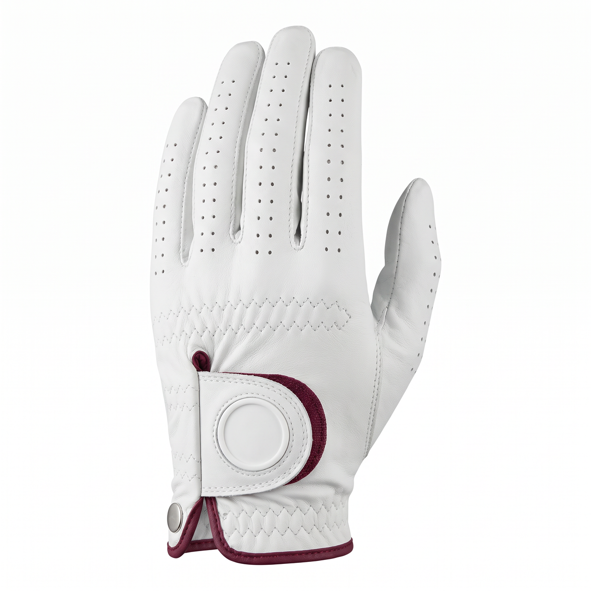 Murbie Fairway G5 white golf glove with burgundy wrist accent