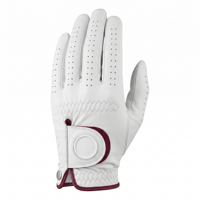 Murbie Fairway G5 white golf glove with burgundy wrist accent
