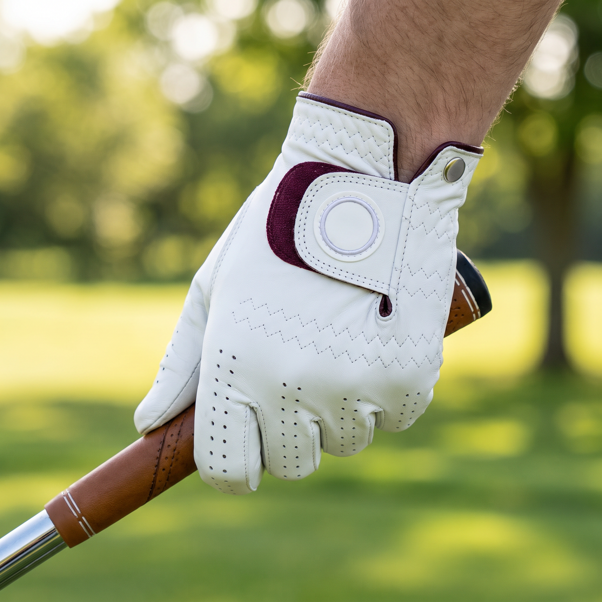 Golfer gripping a club wearing the Murbie Fairway G5 golf glove on the course