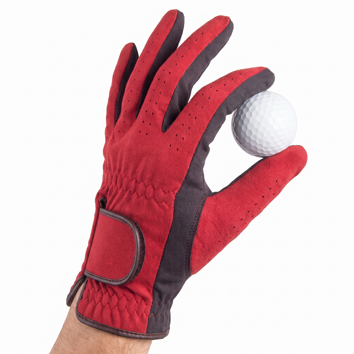 Hand wearing the Murbie Fairway G7 golf glove holding a golf ball