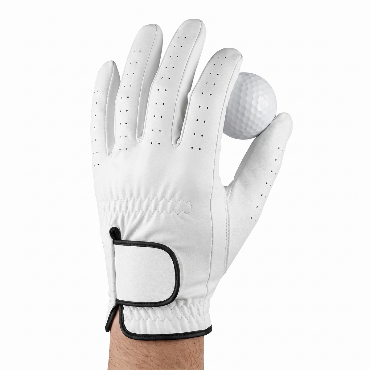 Hand wearing the Murbie Fairway G8 golf glove holding a golf ball