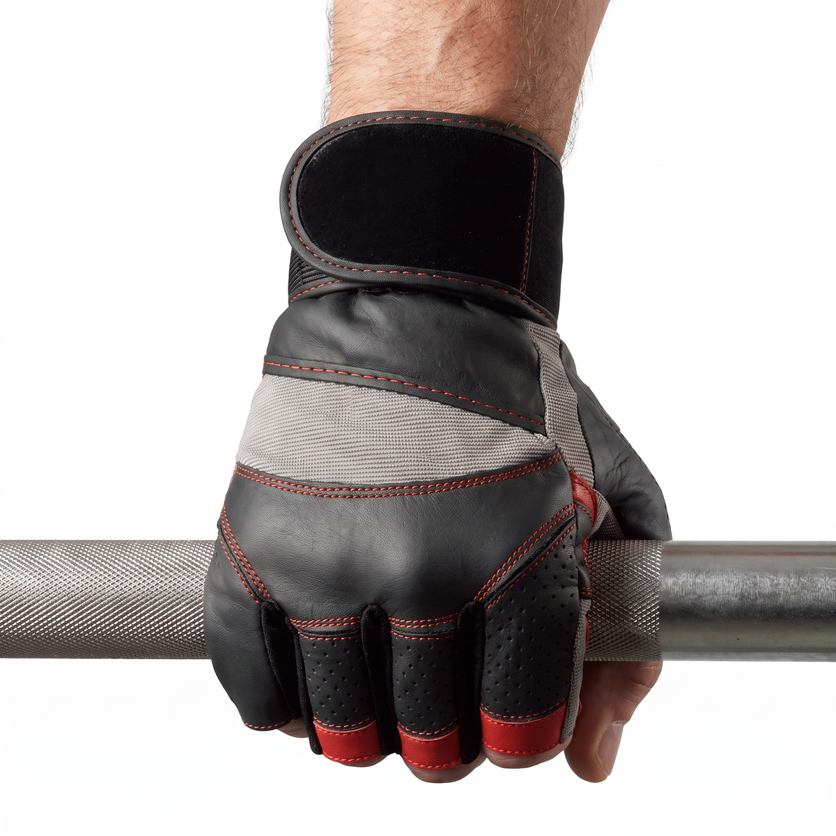 Hand wearing the Murbie Iron I1 weightlifting glove gripping a barbell