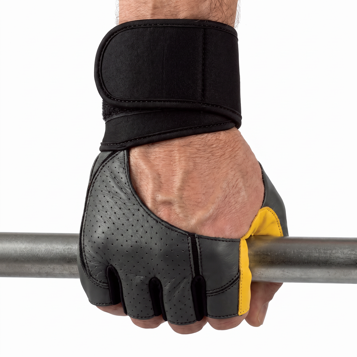 Hand wearing the Murbie Iron I2 weightlifting glove gripping a barbell