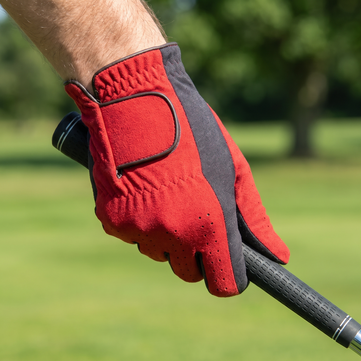 Golfer gripping a club wearing the Murbie Fairway G7 golf glove on the course