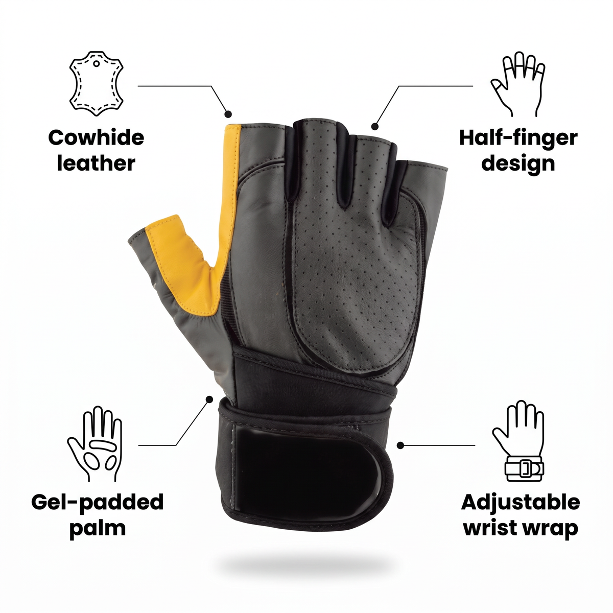 Murbie Iron I2 weightlifting glove features: cowhide leather, half-finger design, gel-padded palm, adjustable wrist wrap