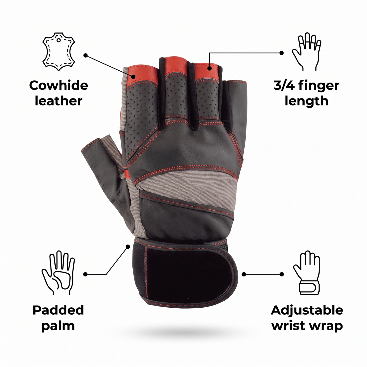 Murbie Iron I1 weightlifting glove features: cowhide leather, 3/4 finger length, padded palm, adjustable wrist wrap