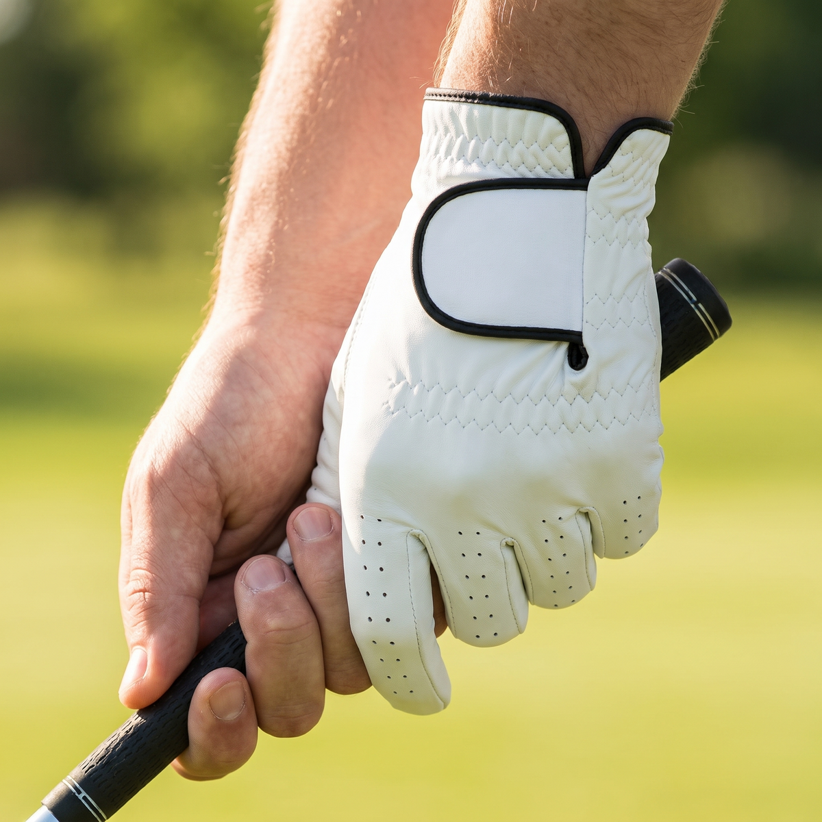 Golfer gripping a club wearing the Murbie Fairway G8 golf glove on the course
