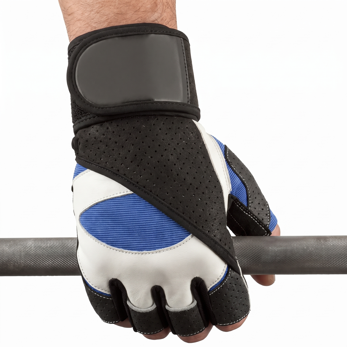 Hand wearing the Murbie Iron I3 weightlifting glove gripping a barbell