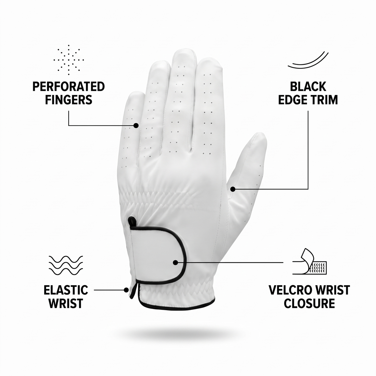 Murbie Fairway G8 golf glove features: perforated fingers, black edge trim, elastic wrist, Velcro wrist closure