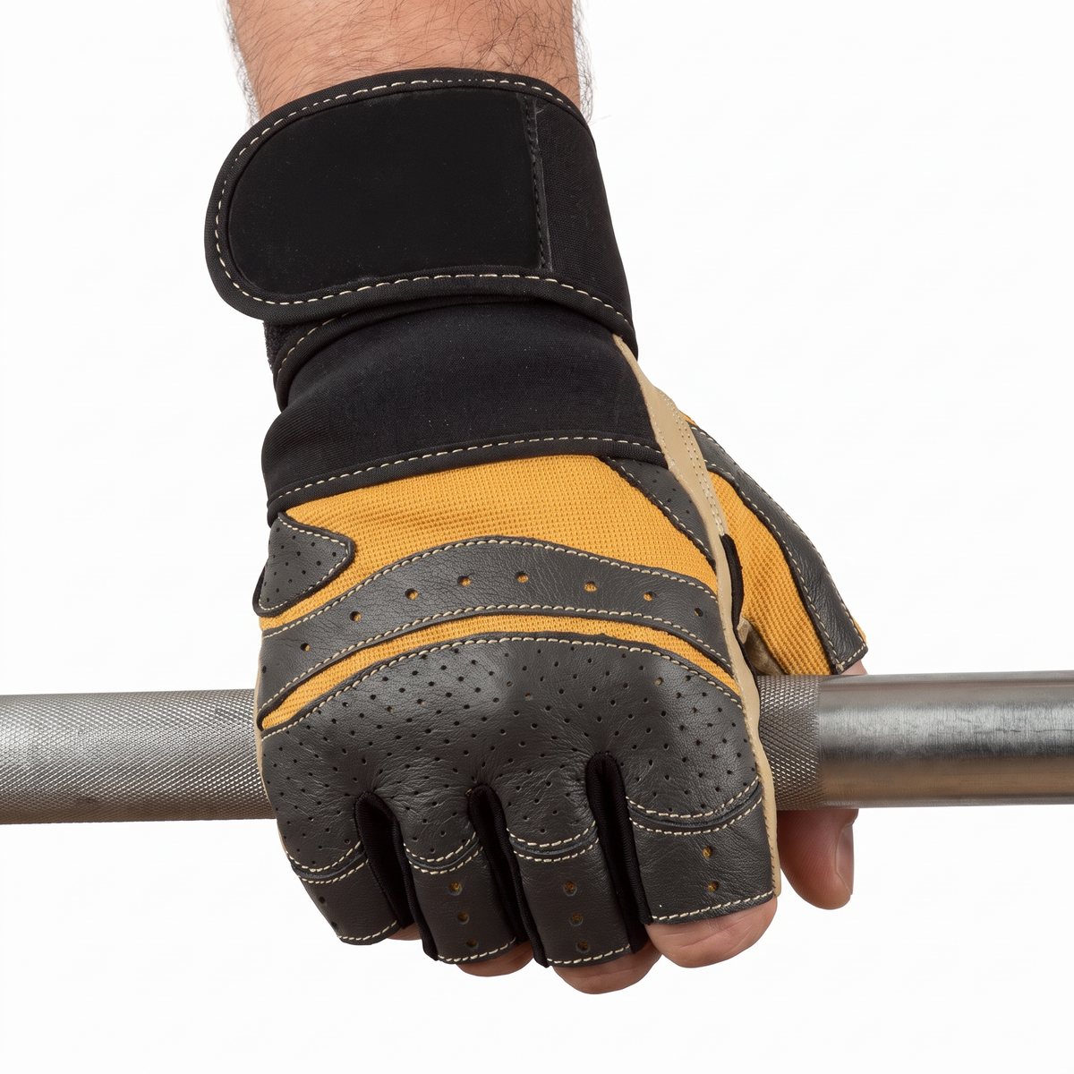 Hand wearing the Murbie Iron I4 weightlifting glove gripping a barbell