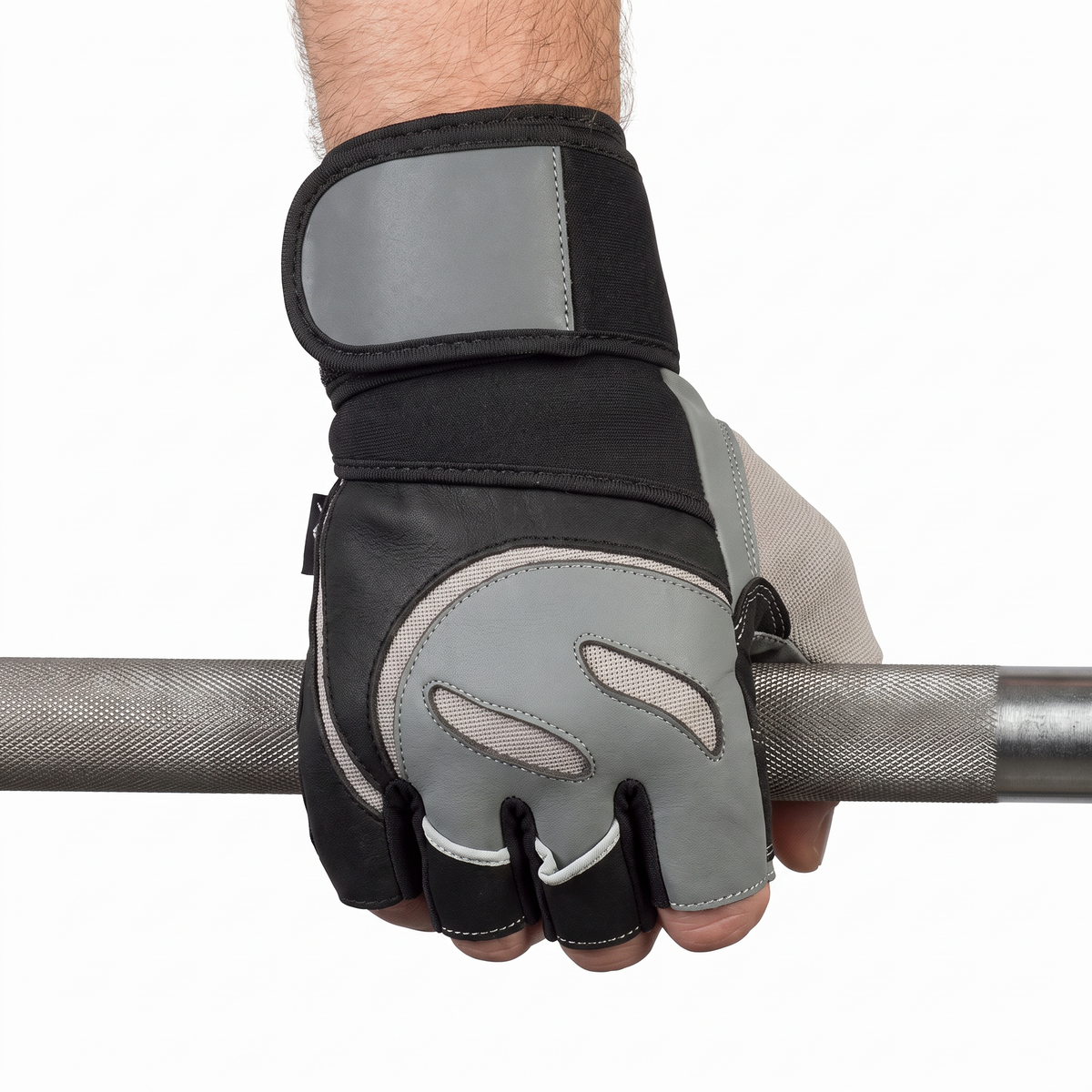 Hand wearing the Murbie Iron I5 weightlifting glove gripping a barbell