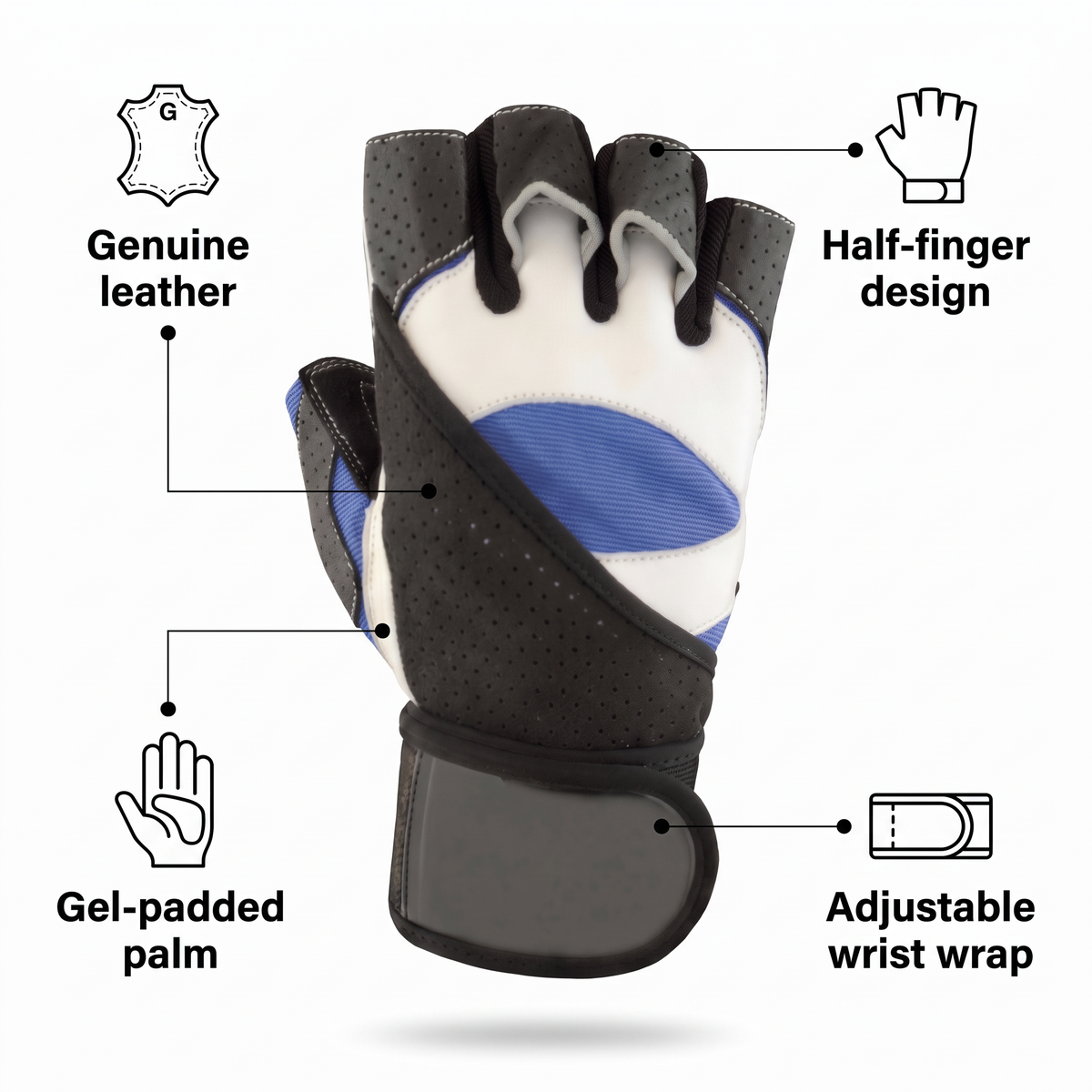 Murbie Iron I3 weightlifting glove features: genuine leather, half-finger design, gel-padded palm, adjustable wrist wrap
